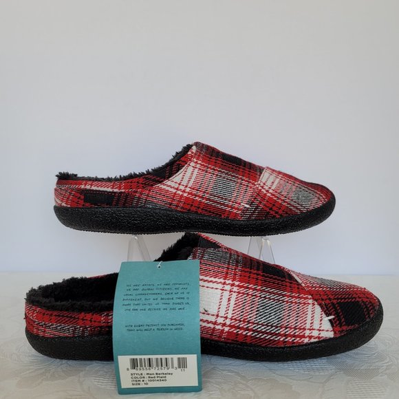 TOMS Mens Berkeley Faux Fur Lined Slip-On Slippers-Red Plaid- Men's Size 10 - Picture 12 of 13